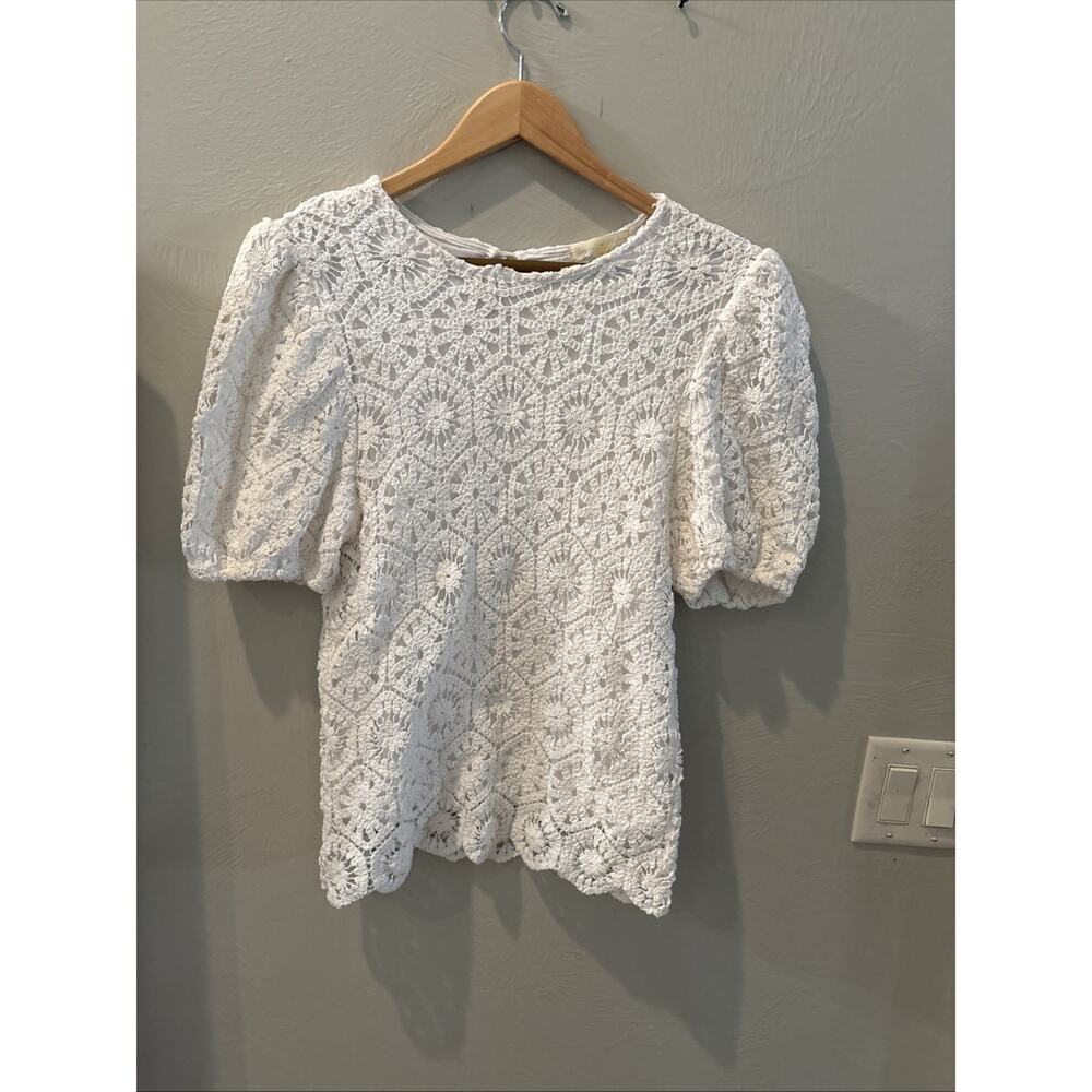 Embroidered‎ Cream Top with Floral Accents and crochet Cottage core Medium